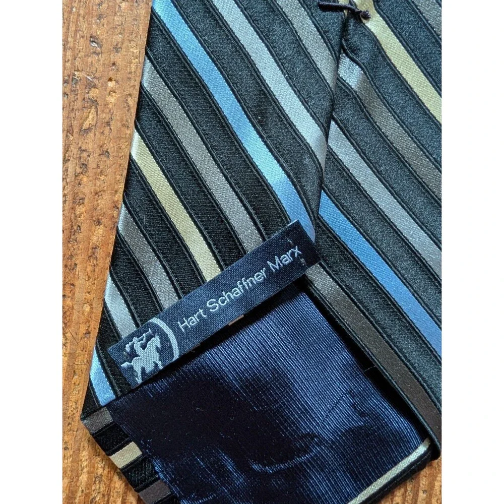 Hart Schaffner Marx Black Blue Yellow Cross-Striped 100% Silk Tie Made In USA